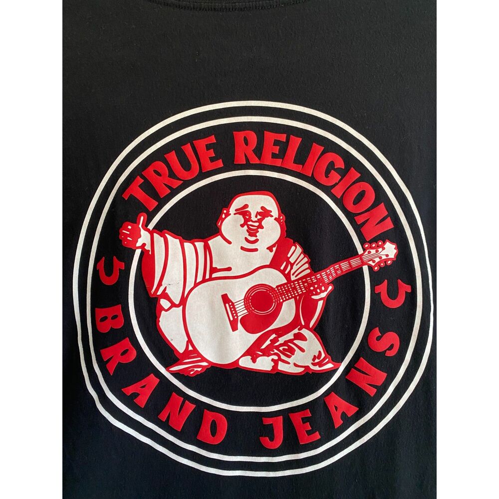Large Classic True Religion Black Tee Graphic logo Buddha Guitar
